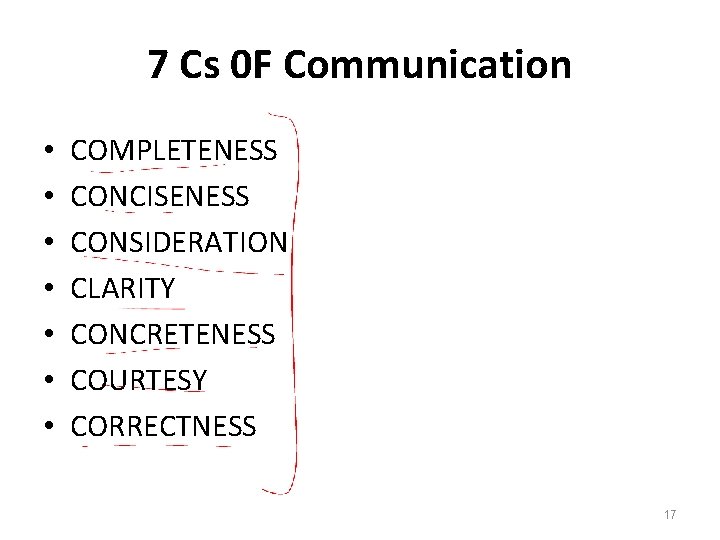 7 Cs 0 F Communication • • COMPLETENESS CONCISENESS CONSIDERATION CLARITY CONCRETENESS COURTESY CORRECTNESS