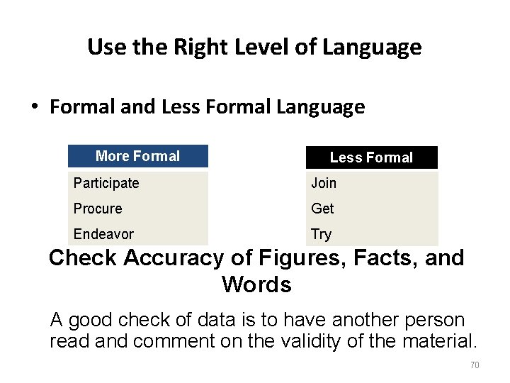 Use the Right Level of Language • Formal and Less Formal Language More Formal