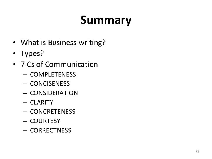 Summary • What is Business writing? • Types? • 7 Cs of Communication –