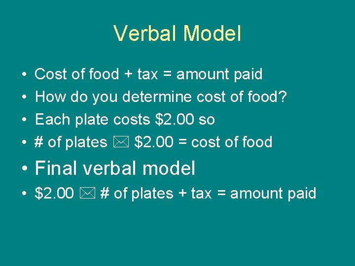 Verbal Model • • Cost of food + tax = amount paid How do