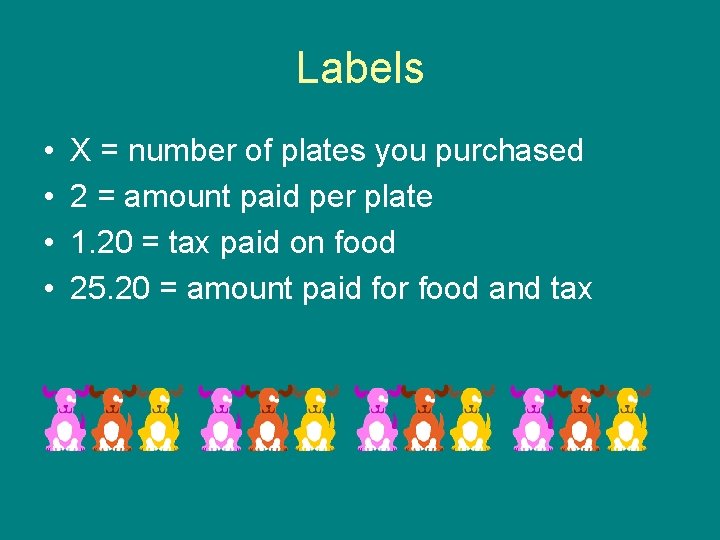 Labels • • X = number of plates you purchased 2 = amount paid