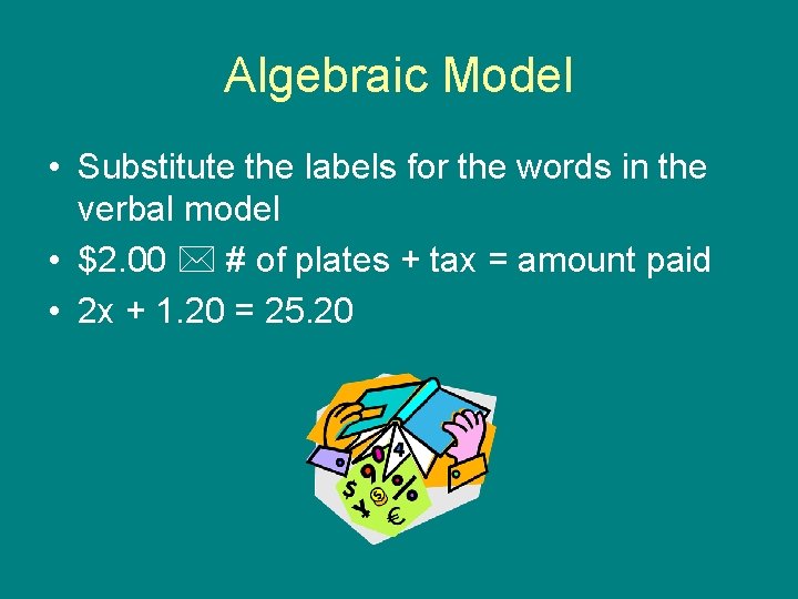 Algebraic Model • Substitute the labels for the words in the verbal model •