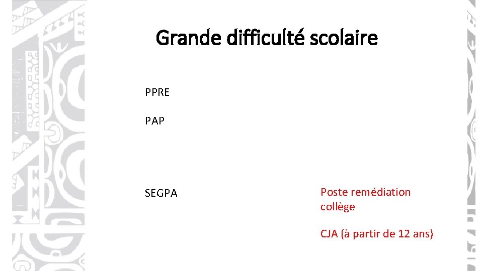 Grande difficulté scolaire PPRE PAP SEGPA Poste remédiation collège CJA (à partir de 12