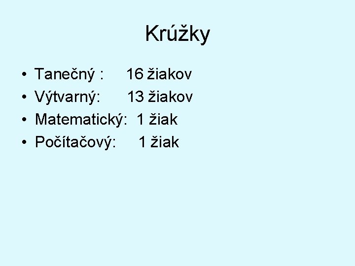 Krúžky • • Tanečný : 16 žiakov Výtvarný: 13 žiakov Matematický: 1 žiak Počítačový: