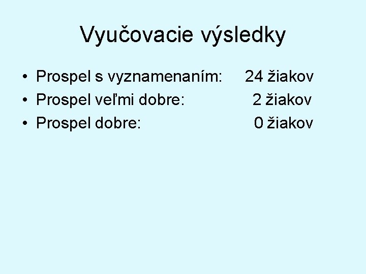 Vyučovacie výsledky • Prospel s vyznamenaním: • Prospel veľmi dobre: • Prospel dobre: 24