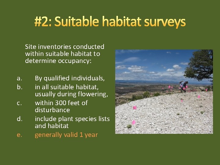 #2: Suitable habitat surveys Site inventories conducted within suitable habitat to determine occupancy: a.