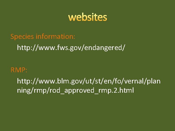 websites Species information: http: //www. fws. gov/endangered/ RMP: http: //www. blm. gov/ut/st/en/fo/vernal/plan ning/rmp/rod_approved_rmp. 2.