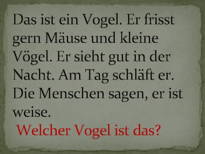 Das ist ein Vogel. Er frisst gern Mäuse und kleine Vögel. Er sieht gut