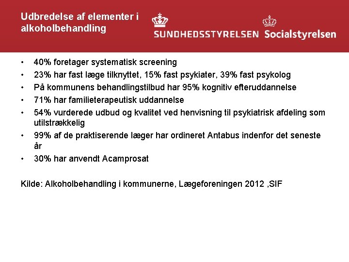 Udbredelse af elementer i alkoholbehandling • • 40% foretager systematisk screening 23% har fast