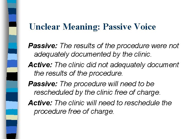 Unclear Meaning: Passive Voice Passive: The results of the procedure were not adequately documented