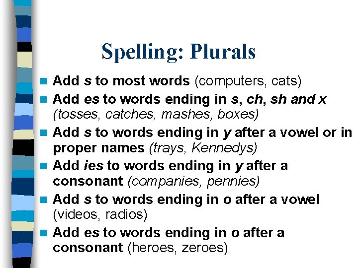 Spelling: Plurals n n n Add s to most words (computers, cats) Add es