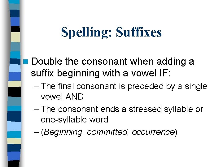 Spelling: Suffixes n Double the consonant when adding a suffix beginning with a vowel