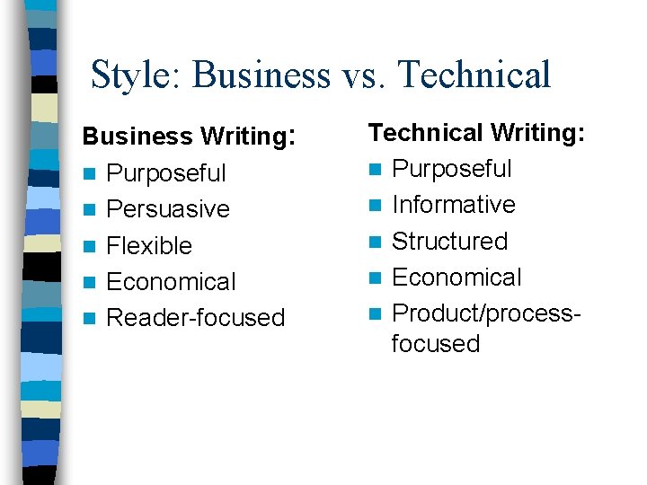 Style: Business vs. Technical Business Writing: n Purposeful n Persuasive n Flexible n Economical