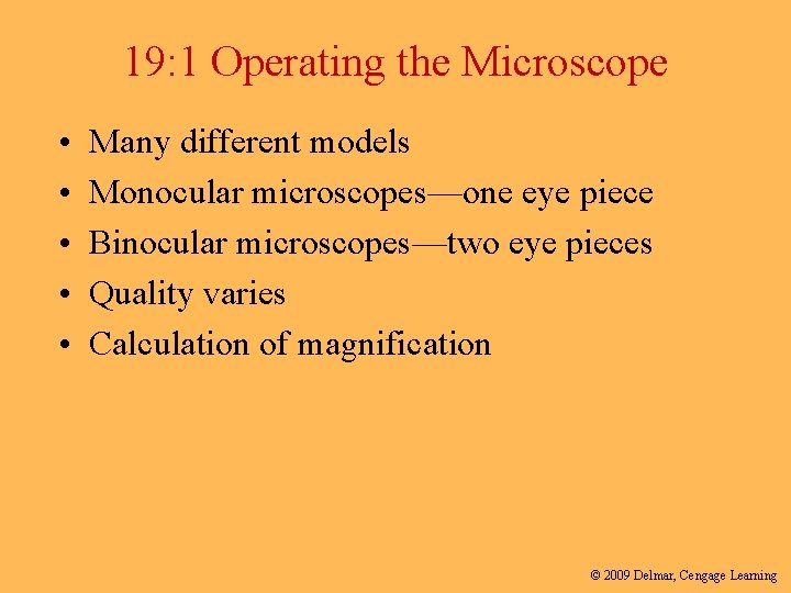 19: 1 Operating the Microscope • • • Many different models Monocular microscopes—one eye