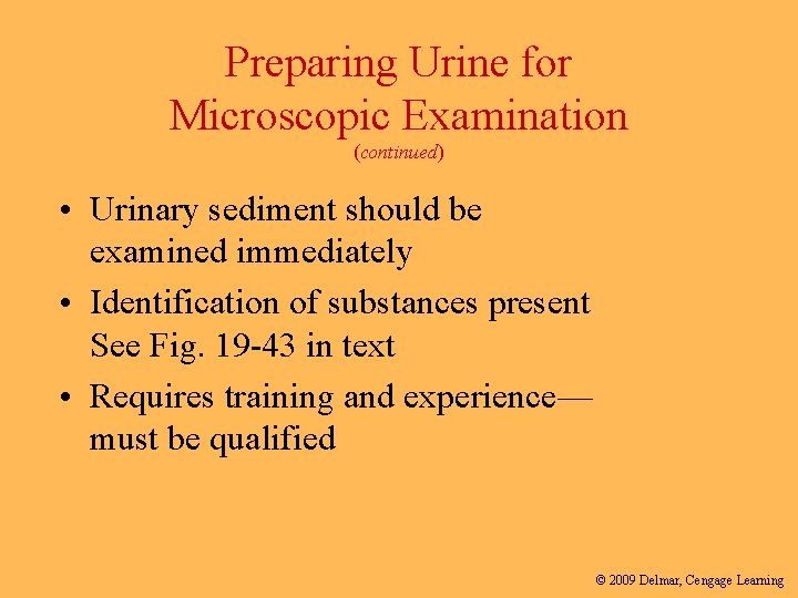 Preparing Urine for Microscopic Examination (continued) • Urinary sediment should be examined immediately •