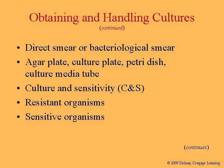 Obtaining and Handling Cultures (continued) • Direct smear or bacteriological smear • Agar plate,
