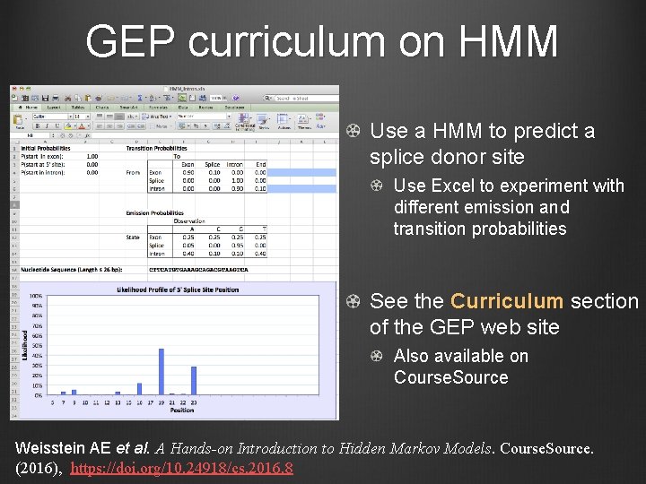 GEP curriculum on HMM Use a HMM to predict a splice donor site Use