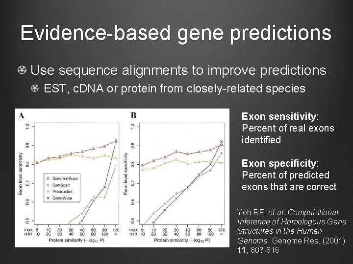 Evidence-based gene predictions Use sequence alignments to improve predictions EST, c. DNA or protein