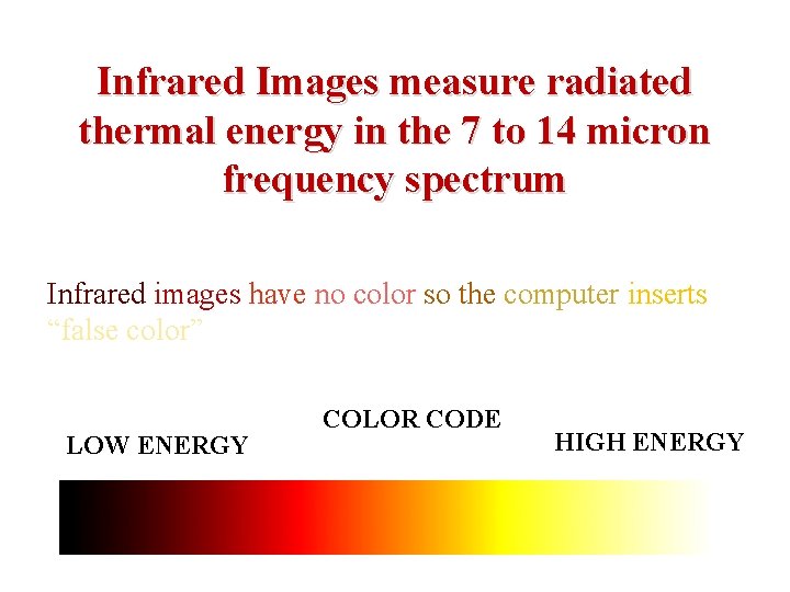 Infrared Images measure radiated thermal energy in the 7 to 14 micron frequency spectrum