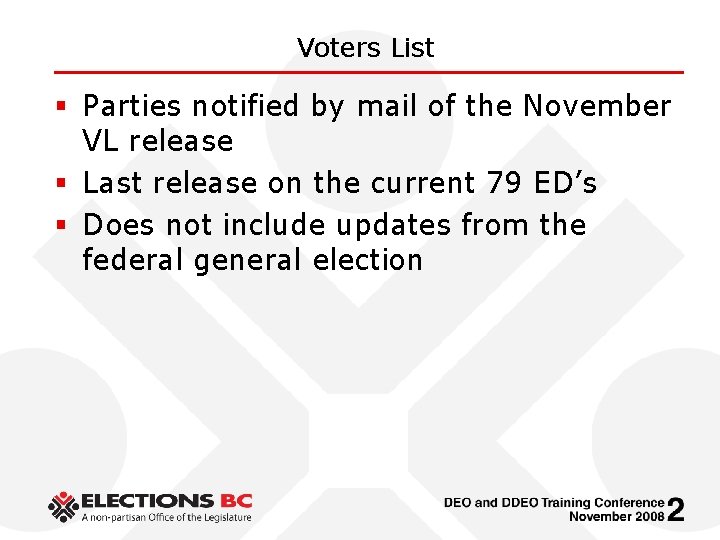 Voters List § Parties notified by mail of the November VL release § Last