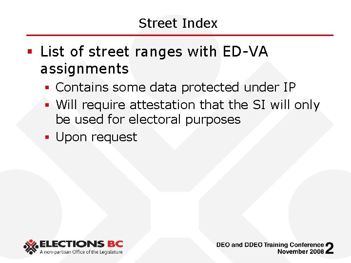 Street Index § List of street ranges with ED-VA assignments § Contains some data
