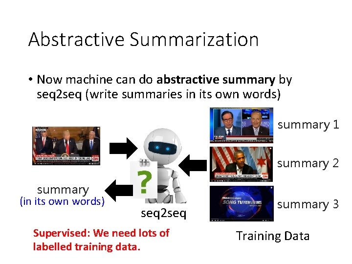 Abstractive Summarization • Now machine can do abstractive summary by seq 2 seq (write