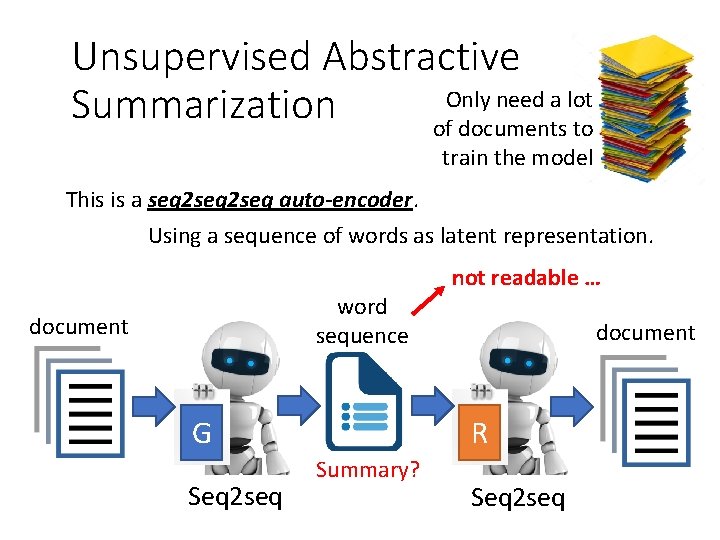 Unsupervised Abstractive Only need a lot Summarization of documents to train the model This