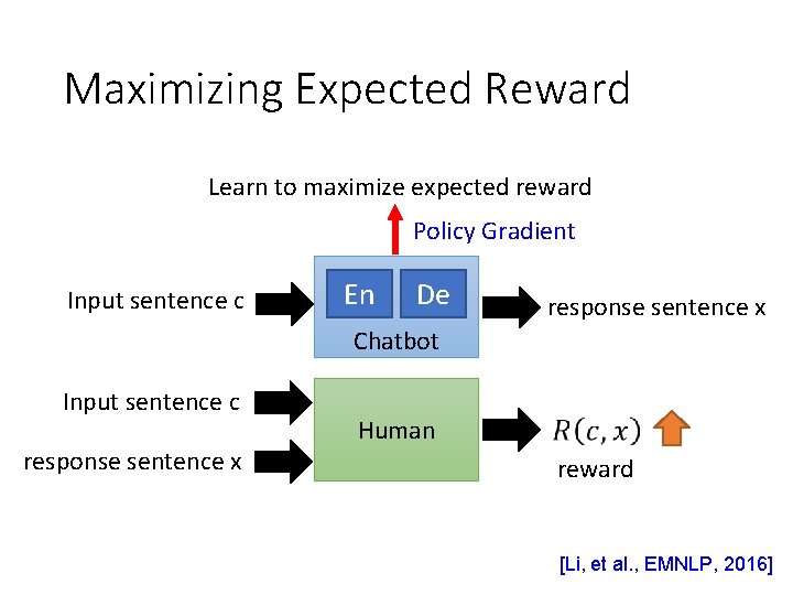 Maximizing Expected Reward Learn to maximize expected reward Policy Gradient Input sentence c En