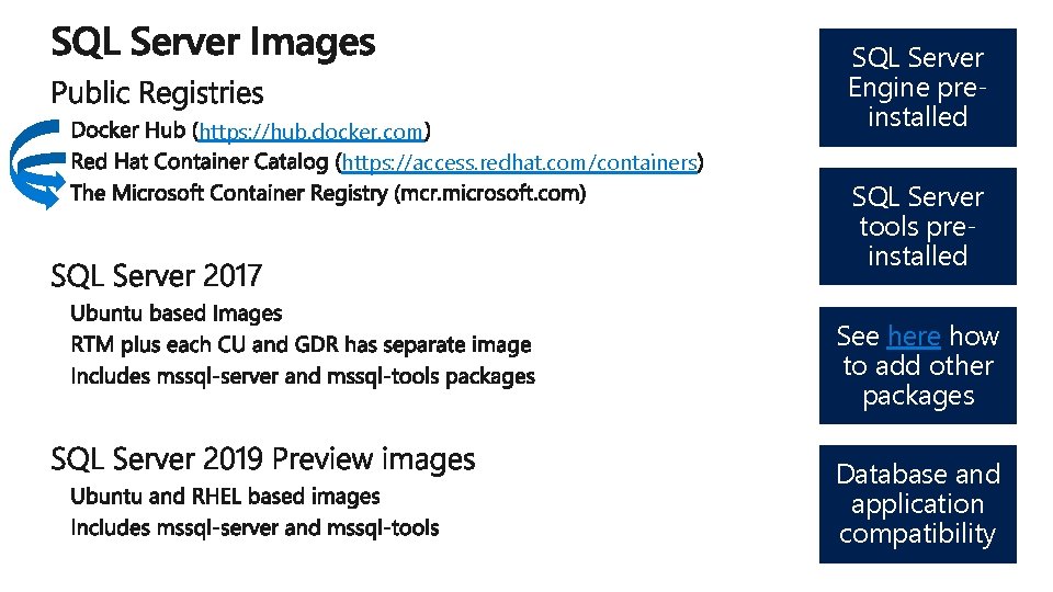 https: //hub. docker. com https: //access. redhat. com/containers SQL Server Engine preinstalled SQL Server