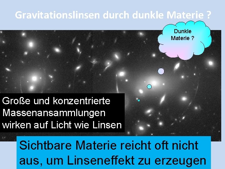 Gravitationslinsen durch dunkle Materie ? Dunkle Materie ? Große und konzentrierte Massenansammlungen wirken auf