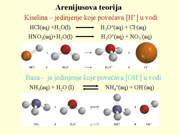 Arenijusova teorija Kiselina – jedinjenje koje povećava [H+] u vodi HCl(aq) +H 2 O(l)