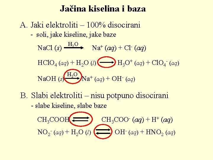 Jačina kiselina i baza A. Jaki elektroliti – 100% disocirani - soli, jake kiseline,