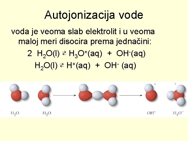 Autojonizacija vode voda je veoma slab elektrolit i u veoma maloj meri disocira prema