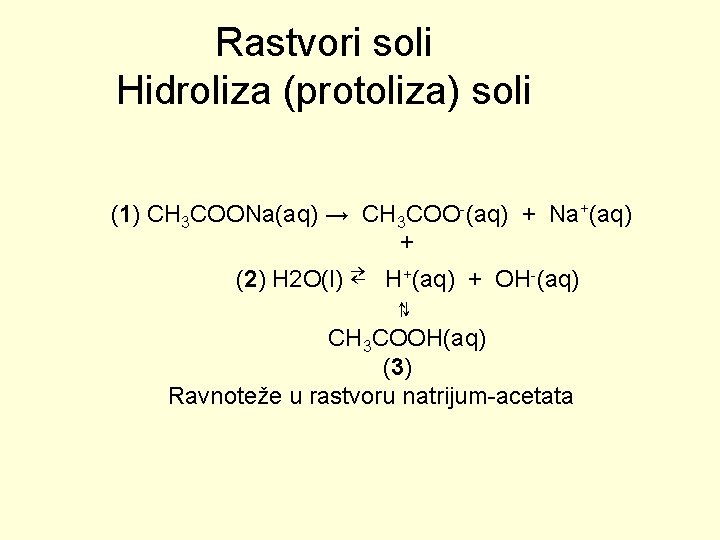 Rastvori soli Hidroliza (protoliza) soli (1) CH 3 COONa(aq) → CH 3 COO-(aq) +