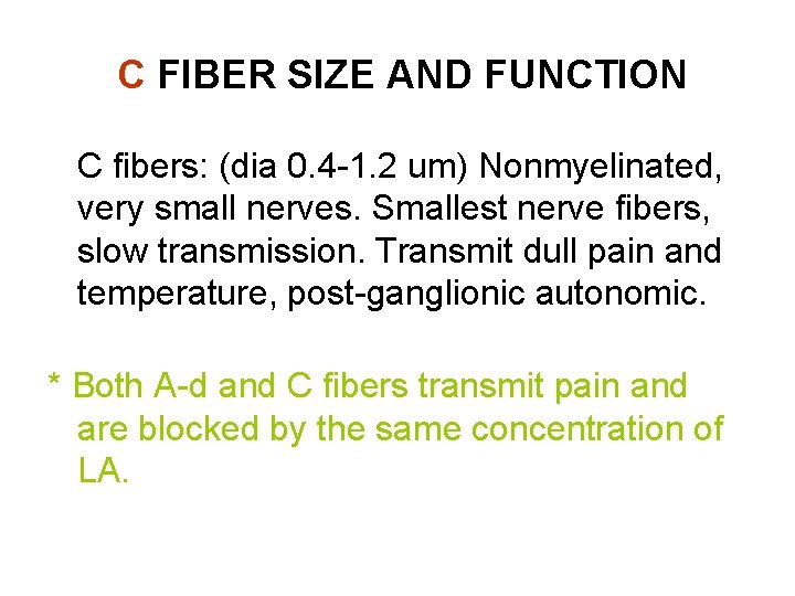  C FIBER SIZE AND FUNCTION C fibers: (dia 0. 4 -1. 2 um)