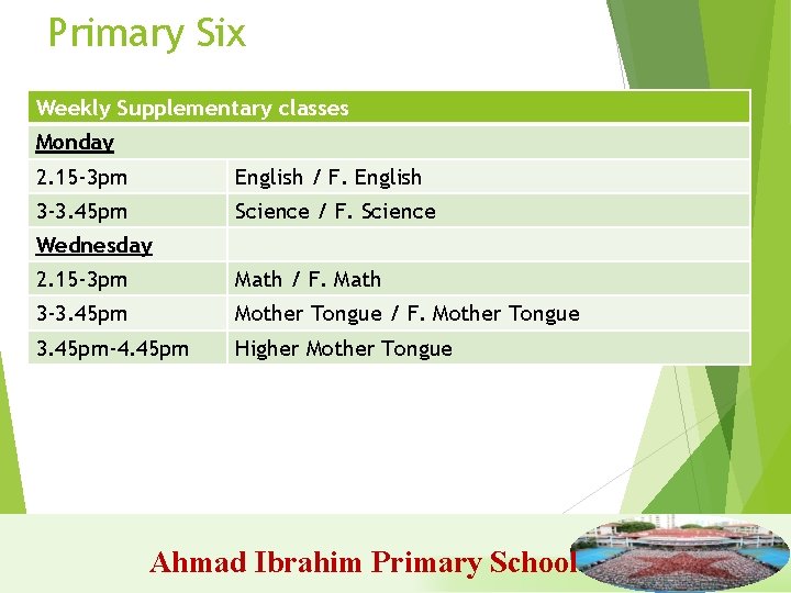 Primary Six Weekly Supplementary classes Monday 2. 15 -3 pm English / F. English