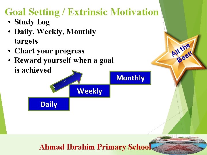 Goal Setting / Extrinsic Motivation • Study Log • Daily, Weekly, Monthly targets •