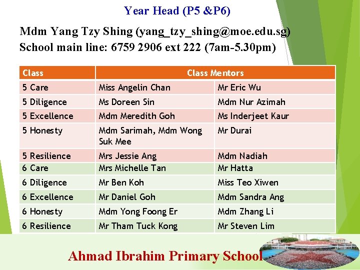 Year Head (P 5 &P 6) Mdm Yang Tzy Shing (yang_tzy_shing@moe. edu. sg) School