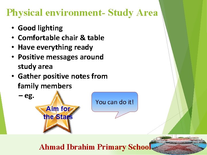 Physical environment- Study Area Good lighting Comfortable chair & table Have everything ready Positive