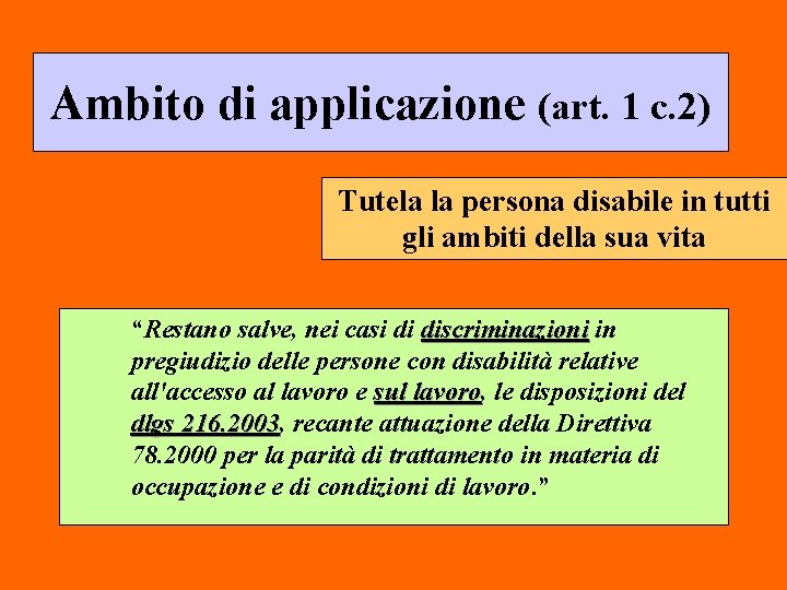 Ambito di applicazione (art. 1 c. 2) Tutela la persona disabile in tutti gli