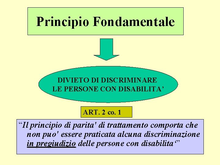 Principio Fondamentale DIVIETO DI DISCRIMINARE LE PERSONE CON DISABILITA’ ART. 2 co. 1 “Il