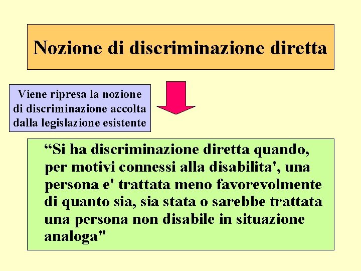 Nozione di discriminazione diretta Viene ripresa la nozione di discriminazione accolta dalla legislazione esistente