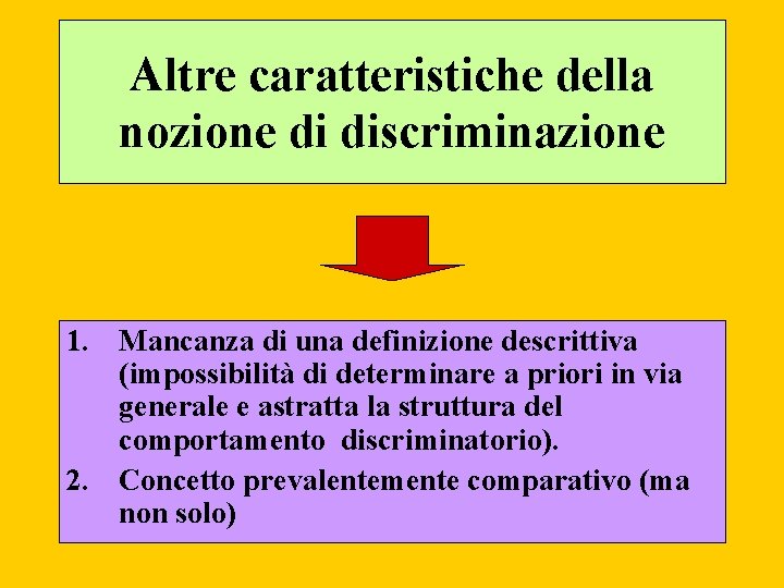 Altre caratteristiche della nozione di discriminazione 1. Mancanza di una definizione descrittiva (impossibilità di
