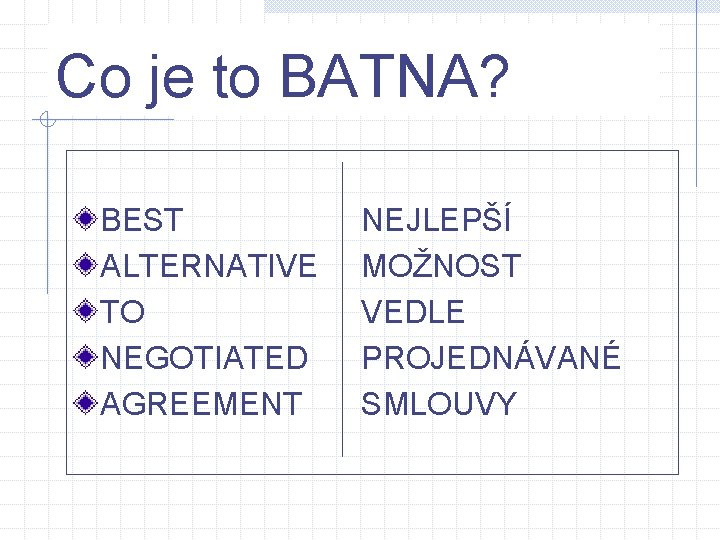 Co je to BATNA? BEST ALTERNATIVE TO NEGOTIATED AGREEMENT NEJLEPŠÍ MOŽNOST VEDLE PROJEDNÁVANÉ SMLOUVY