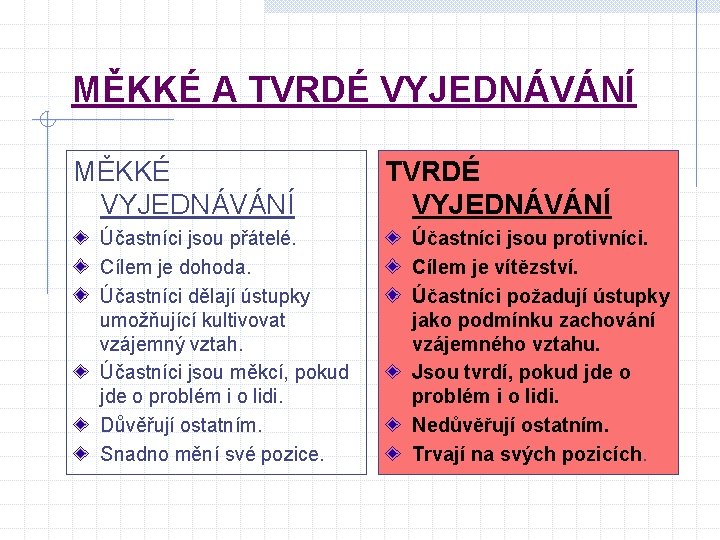 MĚKKÉ A TVRDÉ VYJEDNÁVÁNÍ MĚKKÉ VYJEDNÁVÁNÍ Účastníci jsou přátelé. Cílem je dohoda. Účastníci dělají