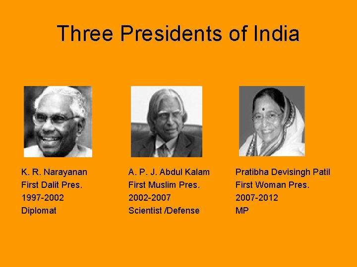 Three Presidents of India K. R. Narayanan First Dalit Pres. 1997 -2002 Diplomat A.