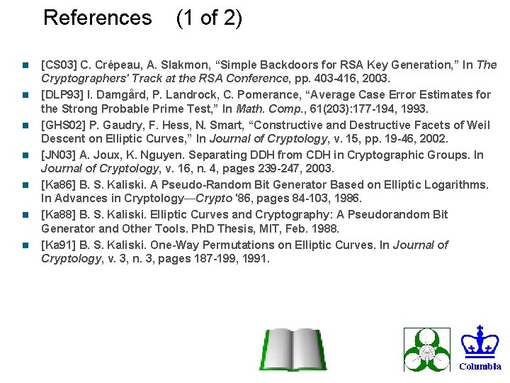 References n n n n (1 of 2) [CS 03] C. Crépeau, A. Slakmon,