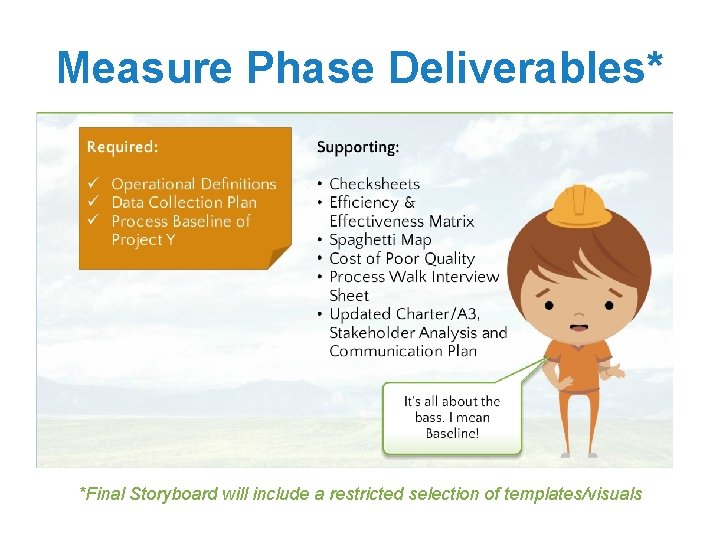 Measure Phase Deliverables* *Final Storyboard will include a restricted selection of templates/visuals 