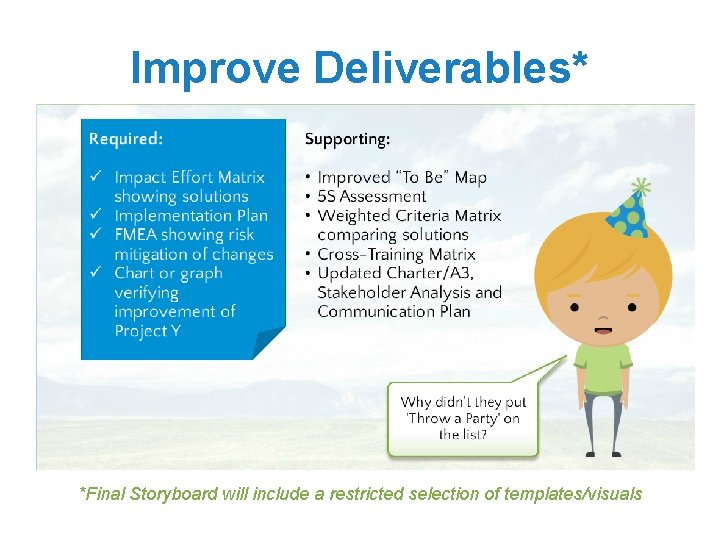 Improve Deliverables* *Final Storyboard will include a restricted selection of templates/visuals 