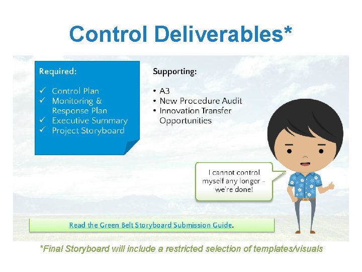 Control Deliverables* *Final Storyboard will include a restricted selection of templates/visuals 